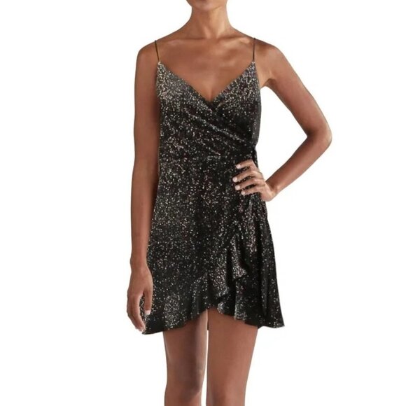 NWT AQUA Metallic Black Velvet Wrap Ruffle Party Dress Small - Picture 4 of 7